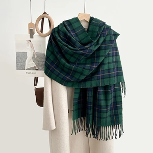 Plaid check cashmere-feel scarf in dark green and navy blue with elegant tassel fringe