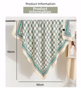 Detail of 90cm square scarf with interlocking green geometric patterns and wave borders
