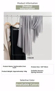 Detail of grey linen scarf showing thin texture and short fringe fringe with measurements