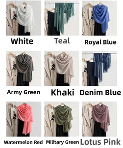 Collage of solid color cotton linen scarves in nine colors featuring fringe edge details