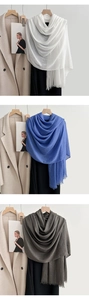 Close-up of lightweight linen cotton scarves in blue, white, and grey with fine fringe detail