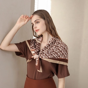 Elegant retro herringbone monogram silk scarf for women in deep brown and beige tones