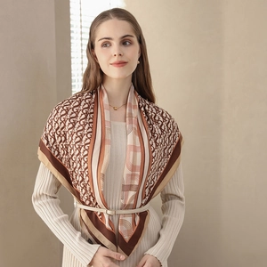 Elegant herringbone letter print silk shawl scarf in brown and beige earth tones