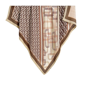 Elegant retro large square silk scarf featuring brown herringbone and letter patterns