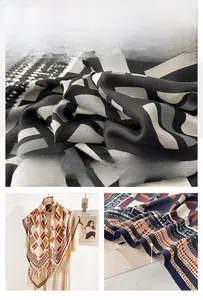 Macro shot of geometric print silk scarf showing herringbone weave and refined hem edges