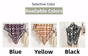 Close-up of geometric silk-like square scarves in blue, yellow, and black grid patterns