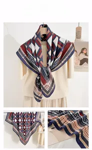Detail shot of navy and terracotta geometric silk scarf with refined edge stitching