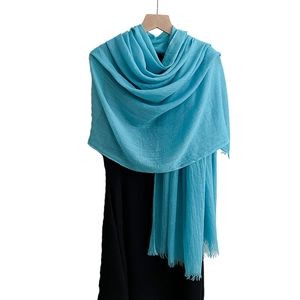 Lake blue cotton linen scarf with fine fringe details, stylish women's sun protection shawl
