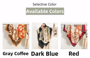 Detailed close-up of floral silk scarves in grey, navy, and red with contrasting edges