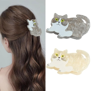 Creative Cute Cat Shape PVC Hair Claw Clip Cartoon Animal Marbled Design Non-Slip Hair Accessory For Women Girls