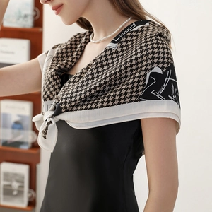 Elegant houndstooth silk square scarf with geometric patchwork and soft sheen finish