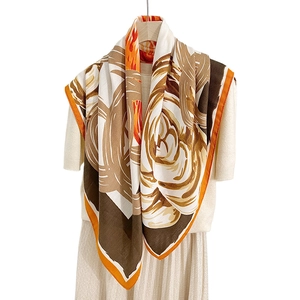 French vintage floral 90cm square silk scarf with brown and orange abstract patterns