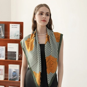 Green and cream houndstooth silk square scarf with vintage yellow rose floral patterns