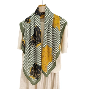 Elegant floral print square scarf with green houndstooth pattern and yellow rose design