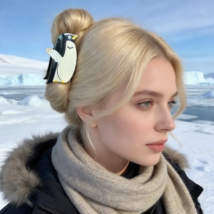 Pince à cheveux ludique en forme de pingouin en acétate sur fond de glace polaire