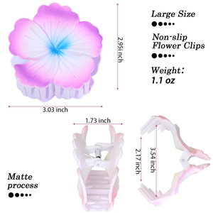 Matte flower hair claw clip in pink purple gradient with dimensions and measurements