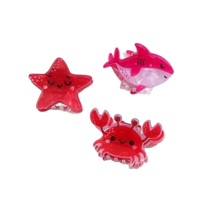 Three-piece set of cute ocean animal hair clips featuring starfish shark and crab