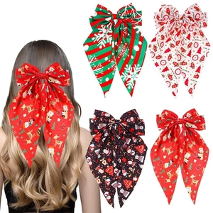 Christmas Large Bow Hair Clip With Long Ribbons Satin Snowflake Reindeer Santa Print Festive Hairpins For Women Girls