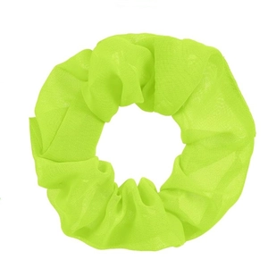 Detail view of neon green sheer chiffon scrunchie showing soft pleated mesh fabric texture