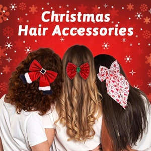 Close-up of festive Christmas bow hair clips featuring velvet, sequins, and holiday patterns