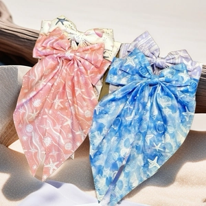 Ocean Starfish Seashell Print Large Bow Hair Clip With Long Streamers Satin Ribbon Resort Style Spring Clip For Women