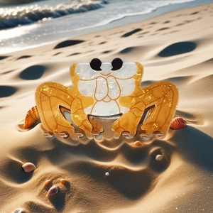 Close-up of a crab hair claw clip with gold foil on a beach sand background