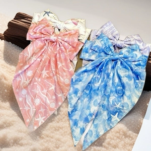 Summer beach style starfish and seashell print bow hair clips with long satin ribbons
