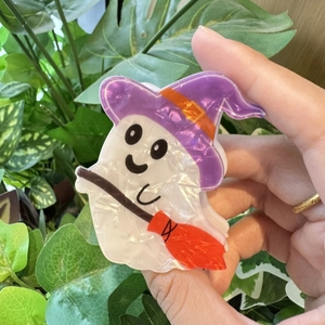 Cute Halloween ghost hair claw clip with purple witch hat and broom in acetate finish