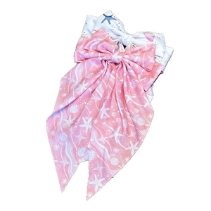 Starfish and seashell print bow hair clip with long ribbon in pink and white