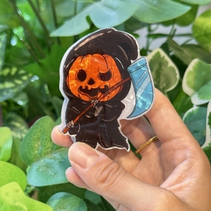 Pince à cheveux faucheuse citrouille d'Halloween avec finition faux bleue holographique