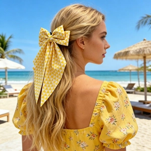Nœud à cheveux jaune à motifs géométriques porté dans un décor de plage ensoleillé