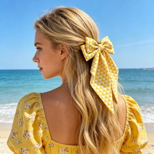 Nœud pour cheveux jaune avec longs rubans porté sur fond de plage ensoleillée