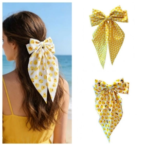 Barrette Nœud Motif Petit Canard Jaune Pince à Ressort en Tissu Fait Main Accessoire de Cheveux Long Ruban pour Femmes Filles