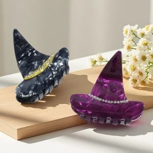 Pince à Cheveux Chapeau de Sorcière Halloween pour Femmes Gothique Marbré Acrylique Strass Accessoires Cheveux
