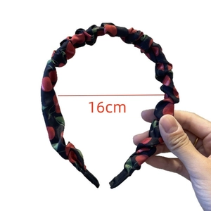 Bohemian style cherry print headband with ruched fabric design and 16cm inner diameter