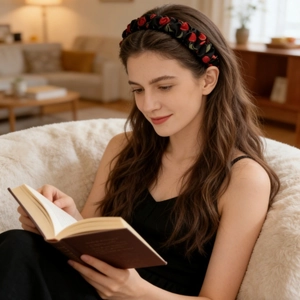 Sweet bohemian style black satin headband with elegant red 3D rose embroidery