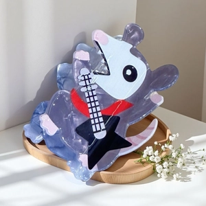 Creative cartoon singing possum hair claw clip with guitar in marble purple acetate finish