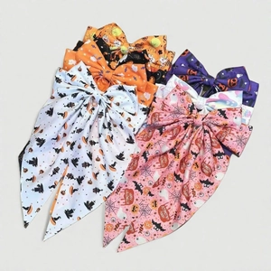 Halloween Large Bow Hair Clip Fabric Bat Ghost Pumpkin Spider Web Print Long Ribbon Spring Clip Festive Party Women Hair Accessories