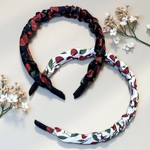 Bohemian cherry print satin headbands in black and white with elegant pleated fabric style