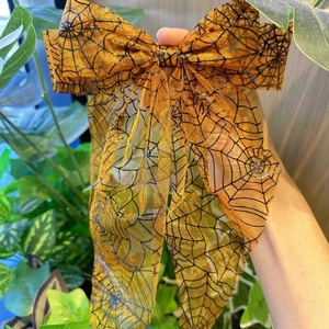 Barrette à Cheveux Punk avec Nœud Imprimé Toile d'Araignée Halloween Orange Ruban en Maille Accessoires Cheveux Femme Fête