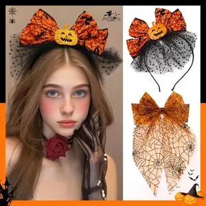 Serre-tête Halloween Citrouille Orange Noeud Toile d'Araignée Grande Barrette en Résille à Pois pour Femme Accessoires Photo Fête