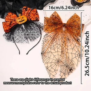 Serre-tête Halloween avec citrouille pailletée et nœud en résille motif toile d'araignée
