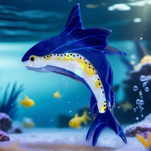 Détail d'une pince à cheveux créative en forme de marlin bleu avec finition irisée
