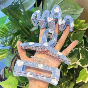 Blue denim texture hair claw clips set with heart pattern and lucky text in three styles