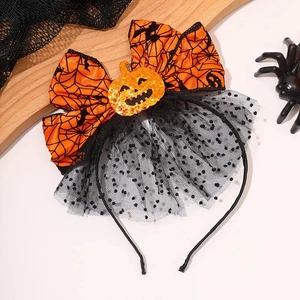 Serre-tête Halloween avec nœud toile d'araignée orange et résille noire à pois élégante