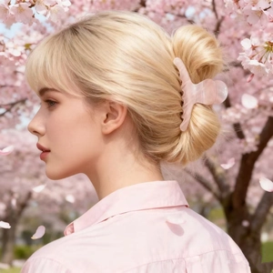 Pince à cheveux en acrylique rose translucide portée par un modèle sous les cerisiers