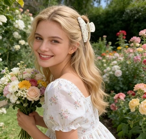 Primer plano de una pinza para el cabello con flores crema usada por una modelo en un jardín