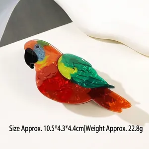 Macro shot of parrot shaped acetate hair claw showing vibrant colors and 10.5cm size