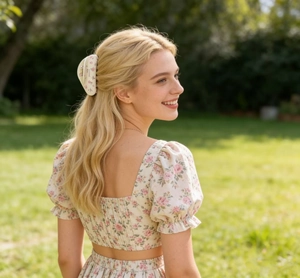 Pinza para el pelo con estampado floral y lazo en modelo en un entorno de verano