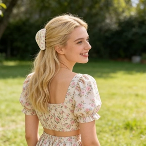 Pinza para el pelo con estampado de flores rosas para mujer en un peinado de cola de caballo